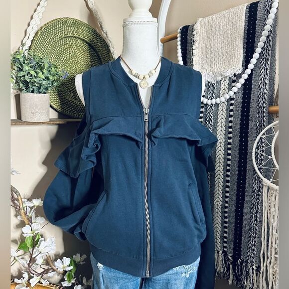 ASOS Cold Shoulder Cut Out Ruffle Trim Zip Up Navy Blue Sweatshirt w/ Pockets - Picture 2 of 7